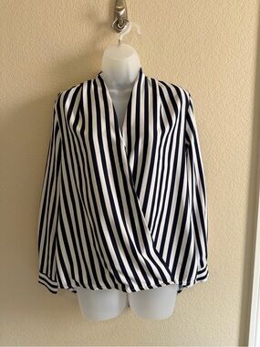 SHEIN Navy and White Vertical Stripe Surplice Blouse